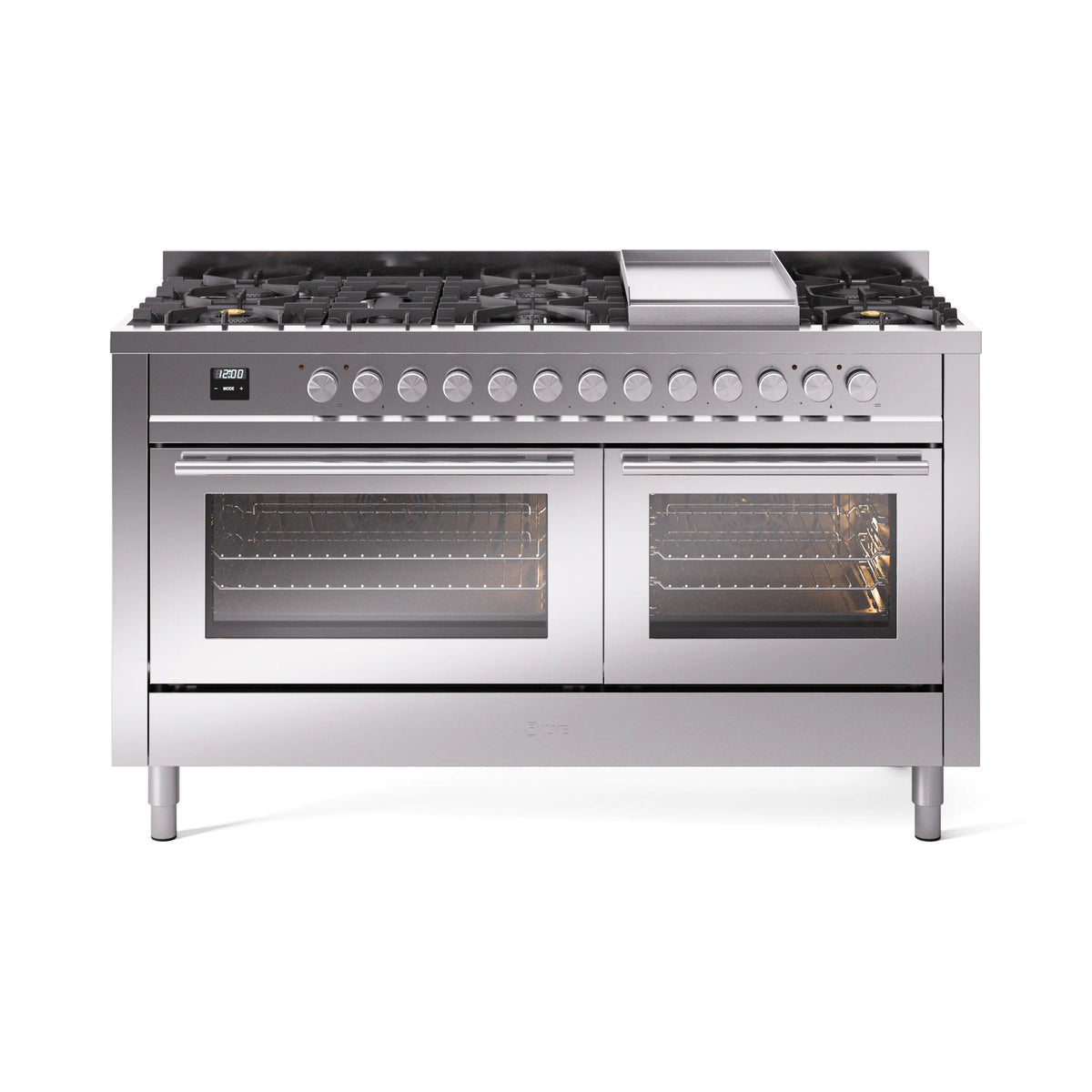 ILVE Professional Plus II 60-Inch Natural Gas Dual Fuel Range, 9 Burners, Griddle, Triple Glass Door Oven, Stainless Steel (UP60FWMPSS)