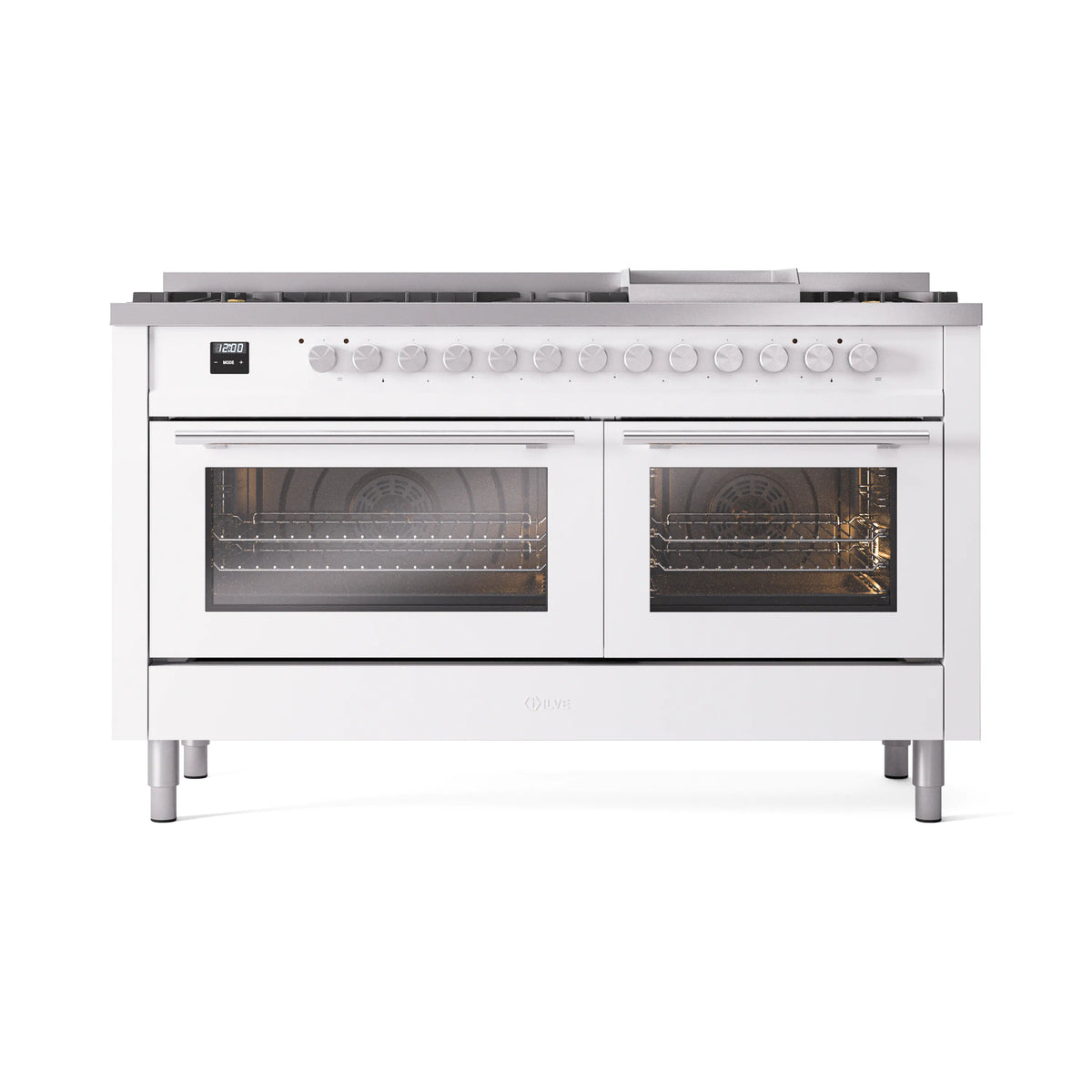 ILVE Professional Plus II 60-Inch Natural Gas Dual Fuel Range, 9 Burners, Griddle, Triple Glass Door Oven, White (UP60FWMPWH)