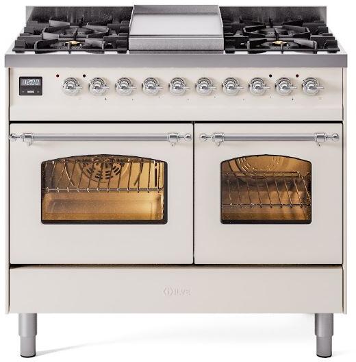 ILVE Nostalgie II 40-Inch Dual Fuel Freestanding Range in Antique White with Chrome Trim (UPD40FNMPAWCLP)