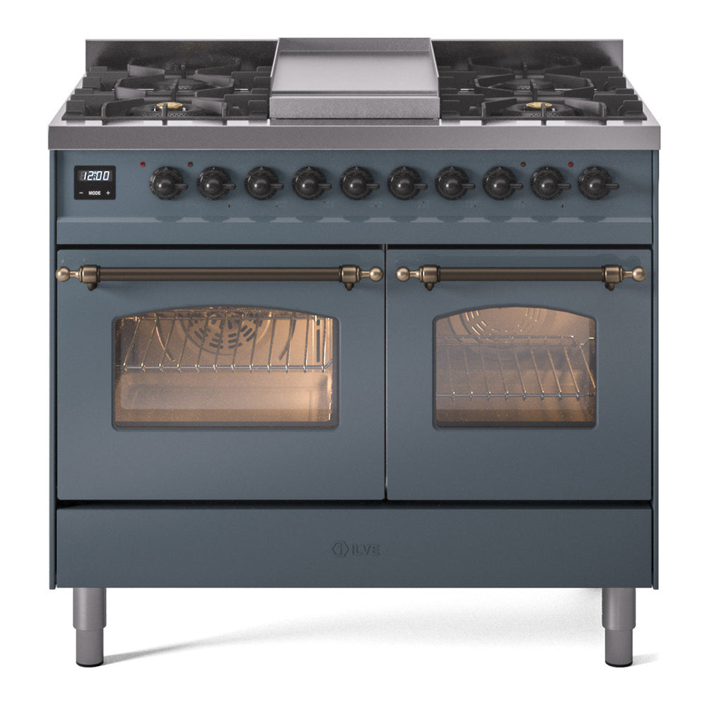 ILVE Nostalgie II 40-Inch Freestanding Dual Fuel Range, Blue Grey with Burnished Bronze Trim (UPD40FNMPBGBLP)