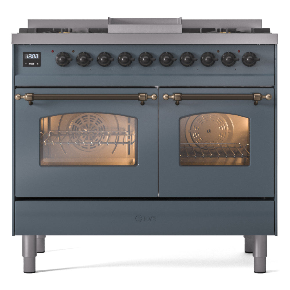 ILVE Nostalgie II 40-Inch Freestanding Dual Fuel Range, Blue Grey with Burnished Bronze Trim (UPD40FNMPBGBLP)