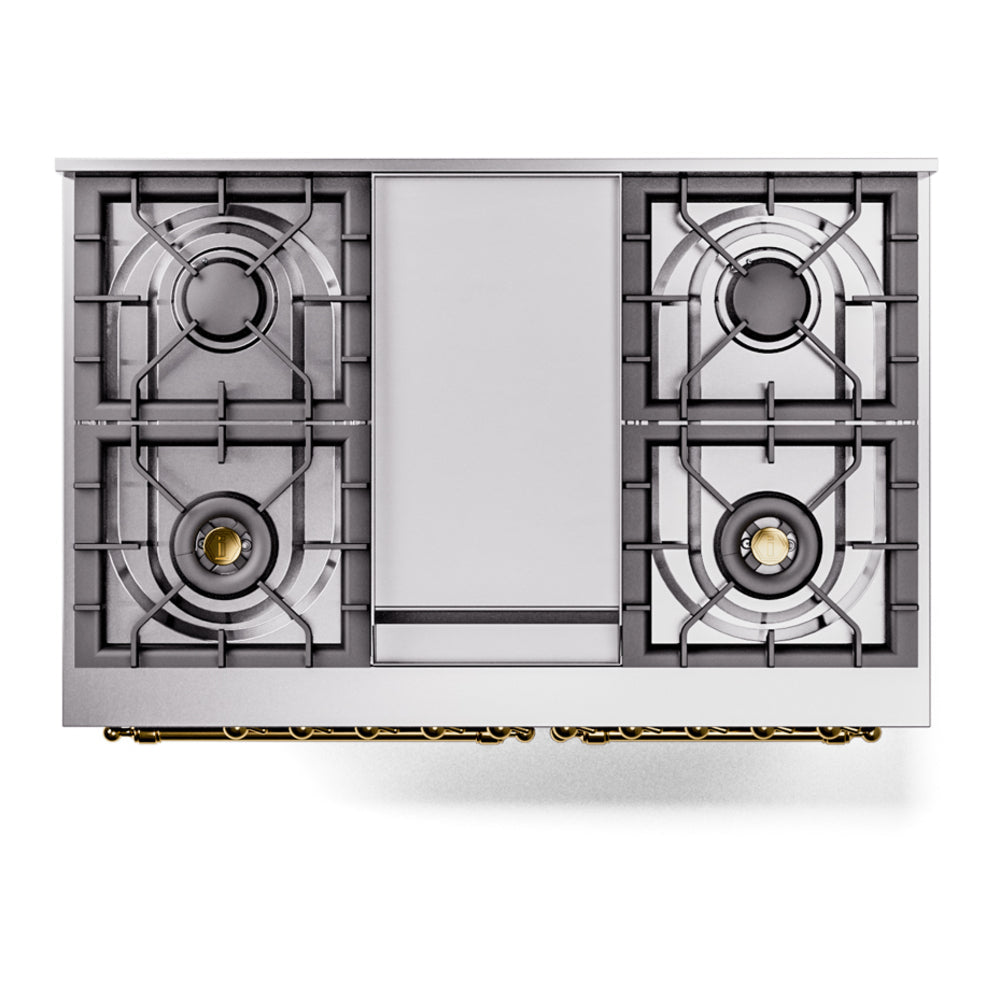 ILVE Nostalgie II 40-Inch Dual Fuel Freestanding Range in Blue Grey with Brass Trim (UPD40FNMPBGGLP)