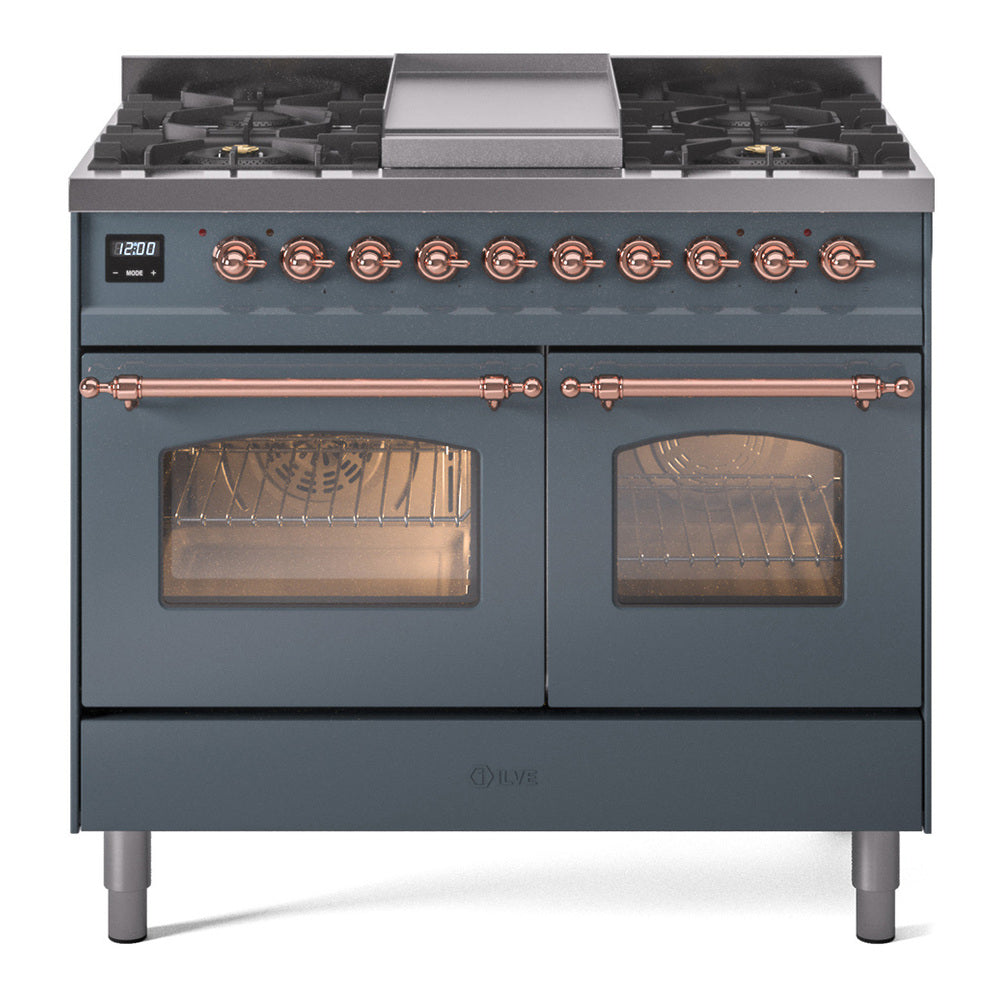 ILVE Nostalgie II 40-Inch Freestanding Natural Gas Dual Fuel Range, Blue Grey with Copper Trim (UPD40FNMPBGP)