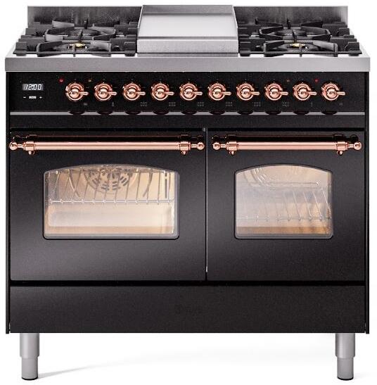 ILVE Nostalgie II 40-Inch Dual Fuel Freestanding Range in Glossy Black with Copper Trim (UPD40FNMPBKPLP)