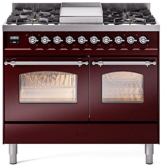 ILVE Nostalgie II 40-Inch Freestanding Dual Fuel Range, Burgundy with Chrome Trim (UPD40FNMPBUCLP)