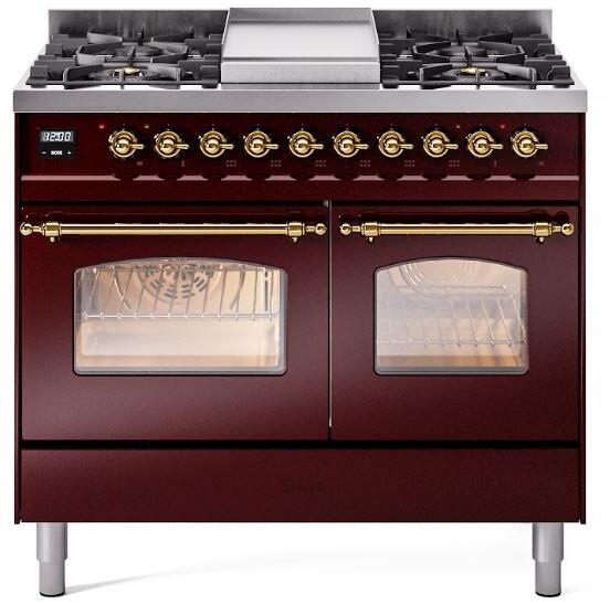 ILVE Nostalgie II 40-Inch Dual Fuel Freestanding Range in Burgundy with Brass Trim (UPD40FNMPBUGLP)