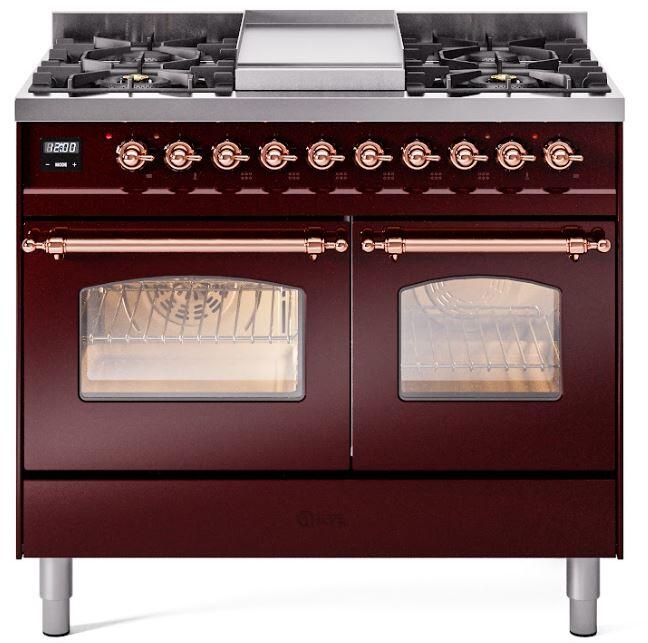 ILVE Nostalgie II 40-Inch Freestanding Dual Fuel Range, Burgundy with Copper Trim (UPD40FNMPBUPLP)