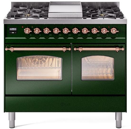 ILVE Nostalgie II 40-Inch Freestanding Natural Gas Dual Fuel Range, Emerald Green with Copper Trim (UPD40FNMPEGP)