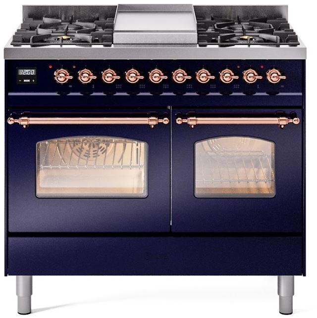 ILVE Nostalgie II 40-Inch Dual Fuel Freestanding Range in Midnight Blue with Copper Trim (UPD40FNMPMBPLP)