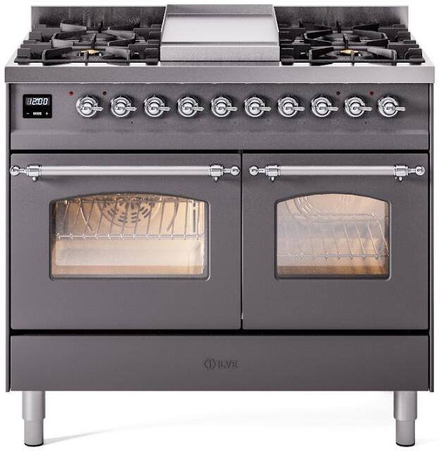 ILVE Nostalgie II 40-Inch Dual Fuel Freestanding Range in Matte Graphite with Chrome Trim (UPD40FNMPMGCLP)
