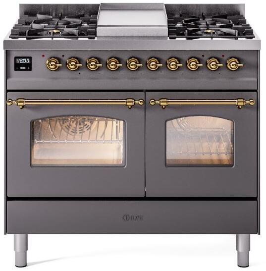 ILVE Nostalgie II 40-Inch Dual Fuel Freestanding Range in Matte Graphite with Brass Trim (UPD40FNMPMGGLP)
