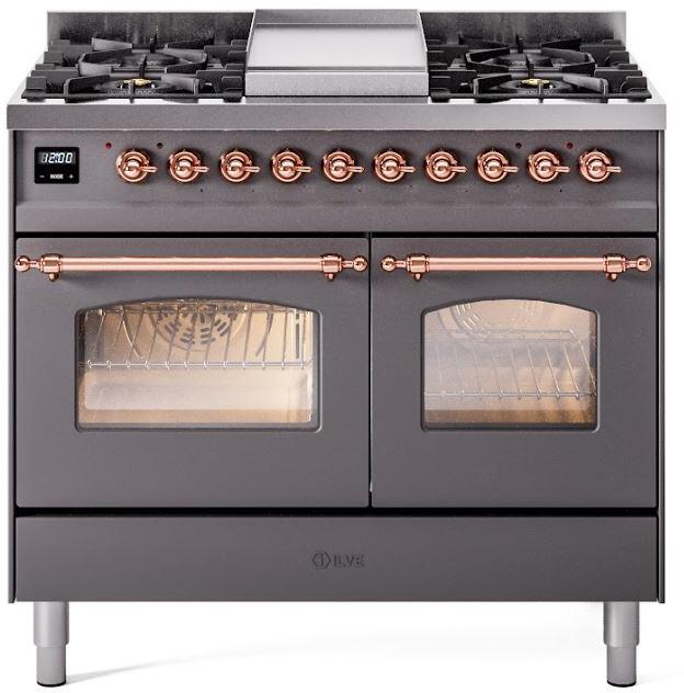 ILVE Nostalgie II 40-Inch Freestanding Natural Gas Dual Fuel Range, Matte Graphite with Copper Trim (UPD40FNMPMGP)