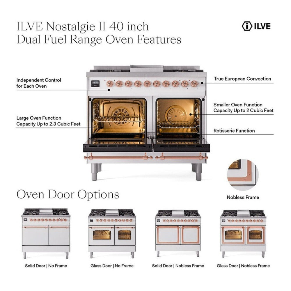 ILVE Nostalgie II 40-Inch Freestanding Propane Gas Dual Fuel Range in Mediterranean Mint with Copper Trim (UPD40FNMPMMPLP)