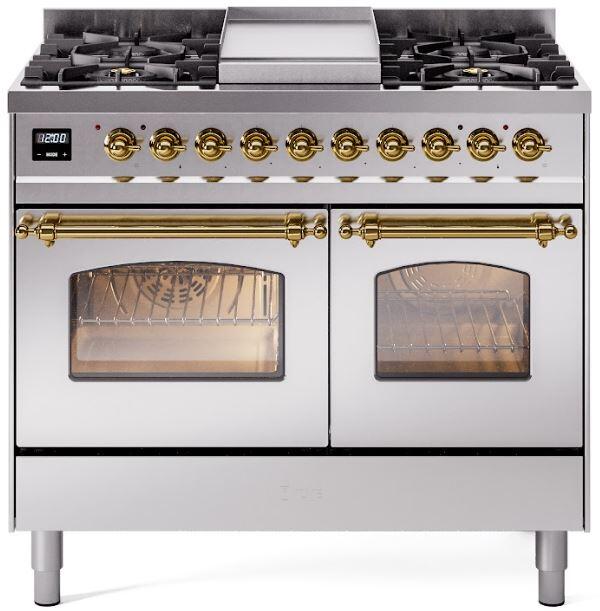 ILVE Nostalgie II 40-Inch Freestanding Dual Fuel Range, Stainless Steel with Brass Trim (UPD40FNMPSSGLP)