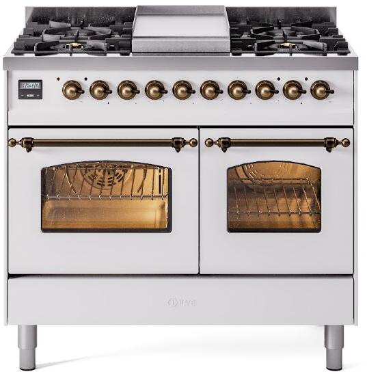ILVE Nostalgie II 40-Inch Dual Fuel Freestanding Range in White with Burnished Bronze Trim (UPD40FNMPWHBLP)