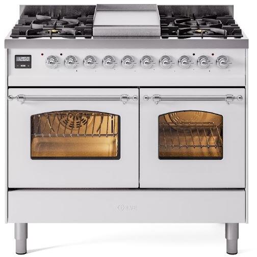 ILVE Nostalgie II 40-Inch Dual Fuel Freestanding Range in White with Chrome Trim (UPD40FNMPWHCLP)