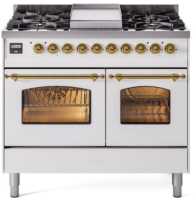 ILVE Nostalgie II 40-Inch Dual Fuel Freestanding Range in White with Brass Trim (UPD40FNMPWHGLP)