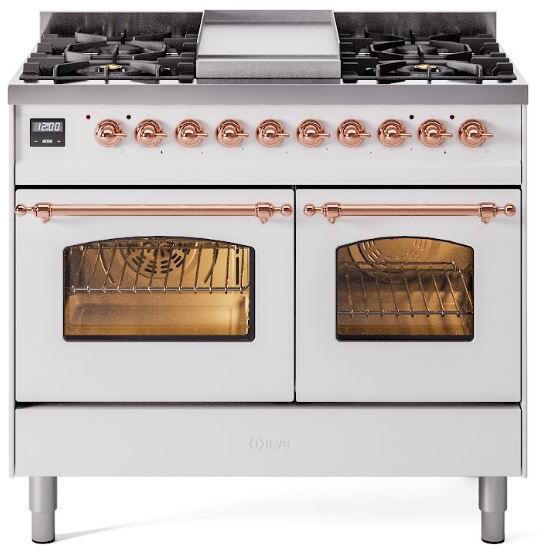 ILVE Nostalgie II 40-Inch Dual Fuel Freestanding Range in White with Copper Trim (UPD40FNMPWHPLP)