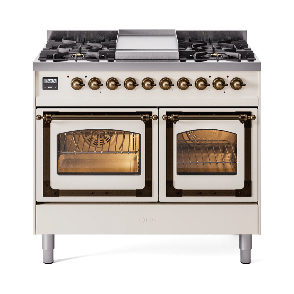 ILVE Nostalgie II Noblesse 40-Inch Propane Dual Fuel Range, Triple Glass Door, Antique White with Burnished Bronze Trim (UND40FNMPAWBLP)