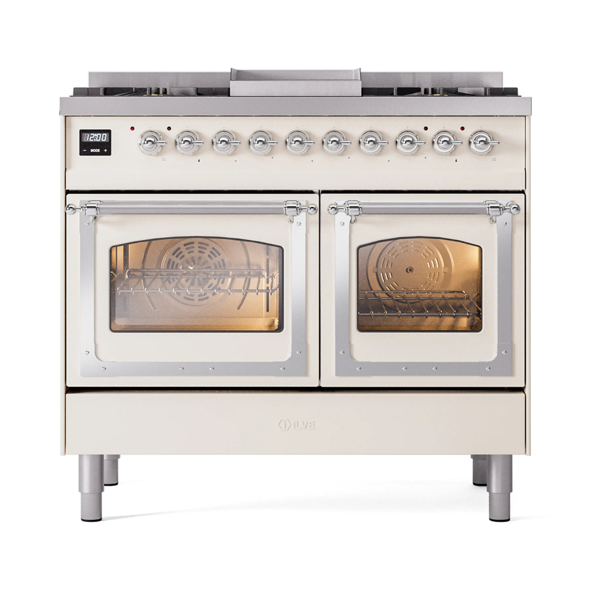 ILVE Nostalgie II Noblesse 40-Inch Natural Gas Dual Fuel Range, Triple Glass Door, Antique White with Chrome Trim (UND40FNMPAWC)