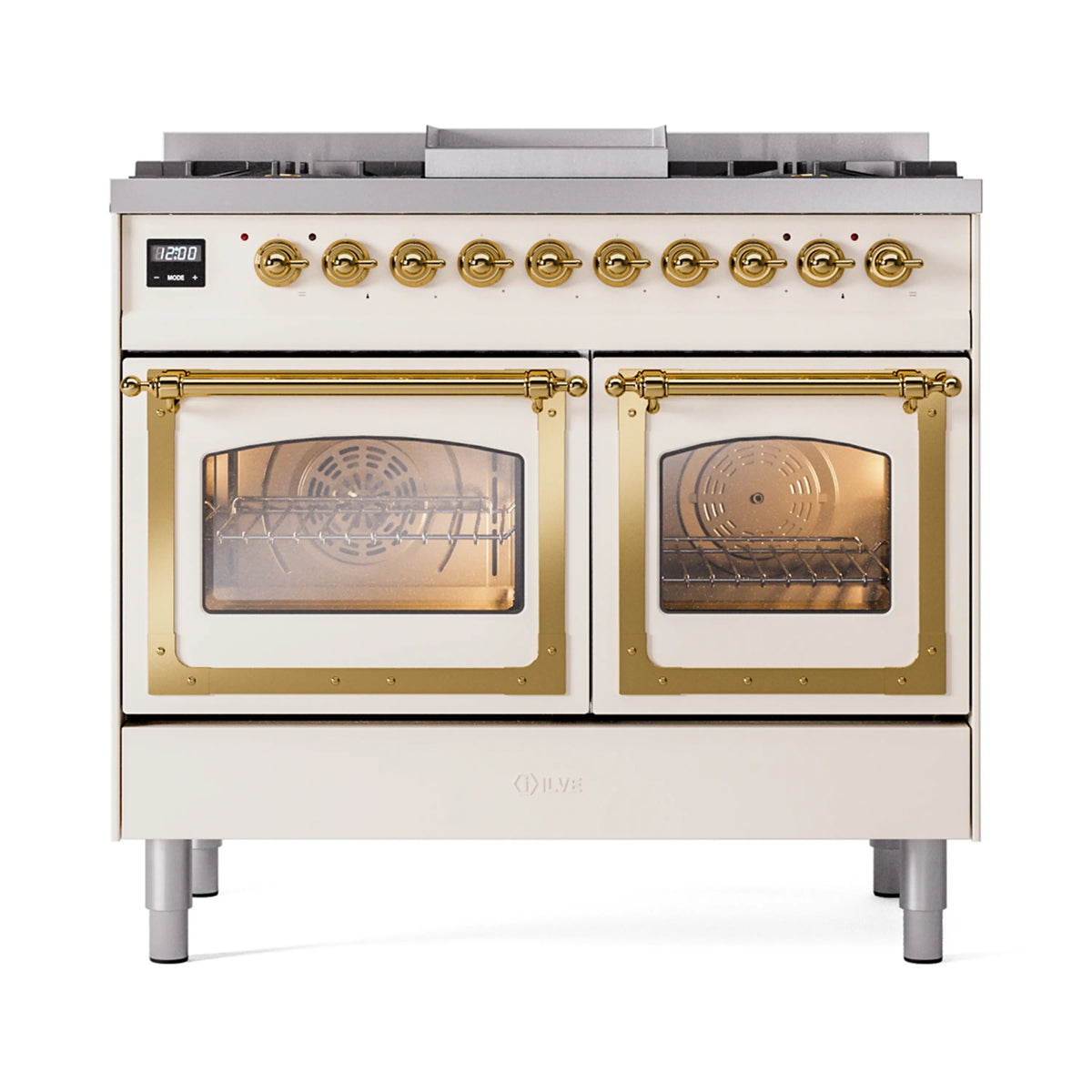 ILVE Nostalgie II Noblesse 40-Inch Natural Gas Dual Fuel Range, Triple Glass Door, Antique White with Brass Trim (UND40FNMPAWG)