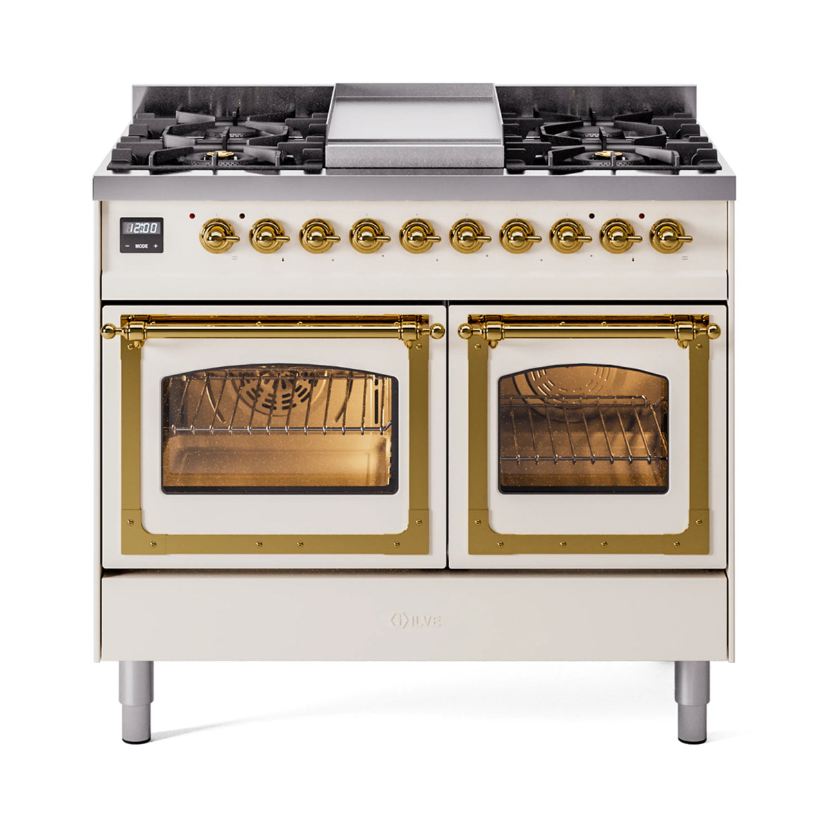 ILVE Nostalgie II Noblesse 40-Inch Natural Gas Dual Fuel Range, Triple Glass Door, Antique White with Brass Trim (UND40FNMPAWG)