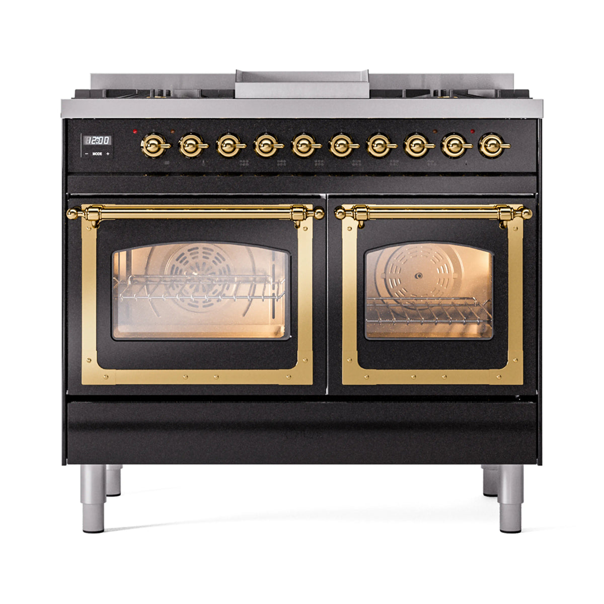 ILVE Nostalgie II Noblesse 40-Inch Natural Gas Dual Fuel Range, Triple Glass Door, Glossy Black with Brass Trim (UND40FNMPBKG)