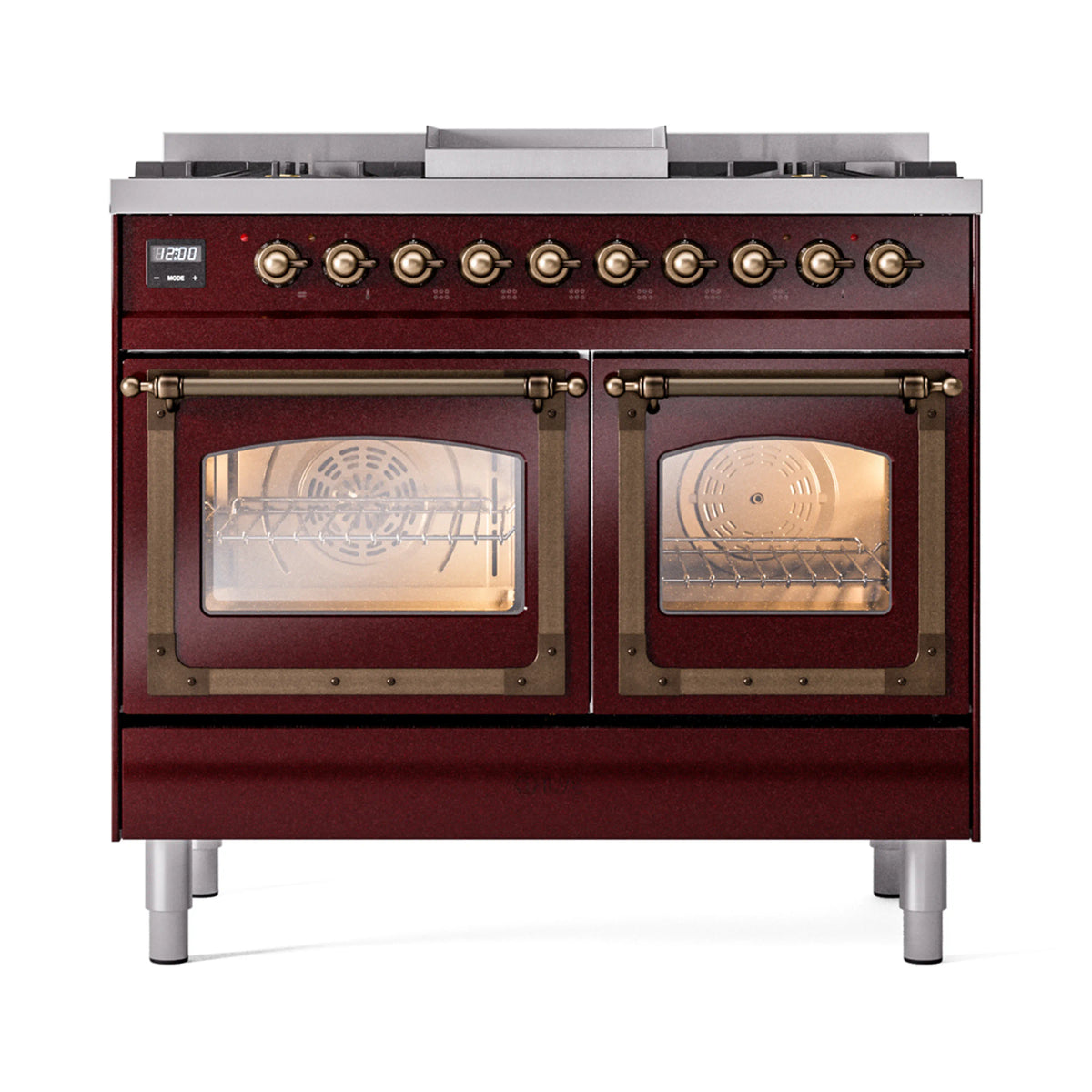 ILVE Nostalgie II Noblesse 40-Inch Natural Gas Dual Fuel Range, Triple Glass Door, Burgundy with Bronze Trim (UND40FNMPBUB)