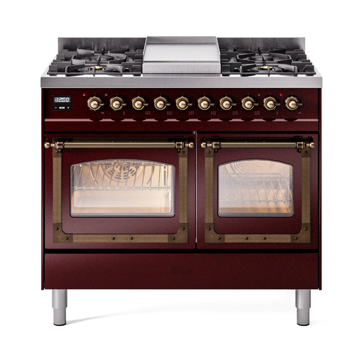 ILVE Nostalgie II Noblesse 40-Inch Natural Gas Dual Fuel Range, Triple Glass Door, Burgundy with Bronze Trim (UND40FNMPBUB)
