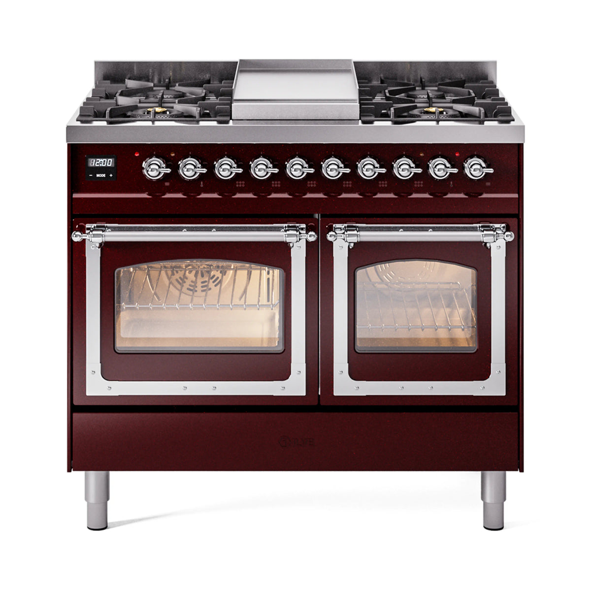 ILVE Nostalgie II Noblesse 40-Inch Propane Dual Fuel Range, Triple Glass Door, Burgundy with Chrome Trim (UND40FNMPBUCLP)