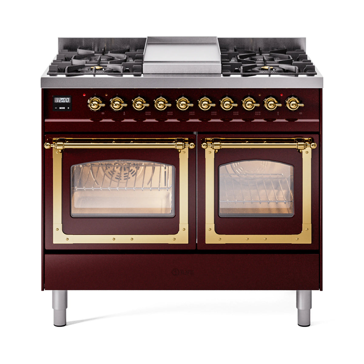 ILVE Nostalgie II Noblesse 40-Inch Natural Gas Dual Fuel Range, Triple Glass Door, Burgundy with Brass Trim (UND40FNMPBUG)