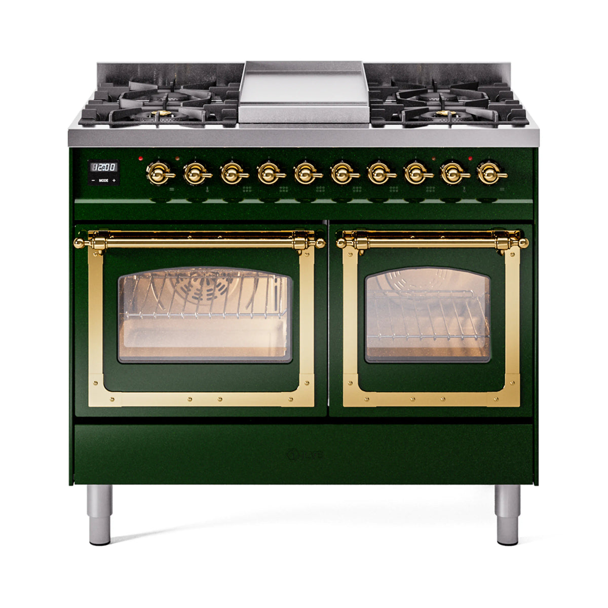 ILVE Nostalgie II Noblesse 40-Inch Natural Gas Dual Fuel Range, Triple Glass Door, Emerald Green with Brass Trim (UND40FNMPEGG)