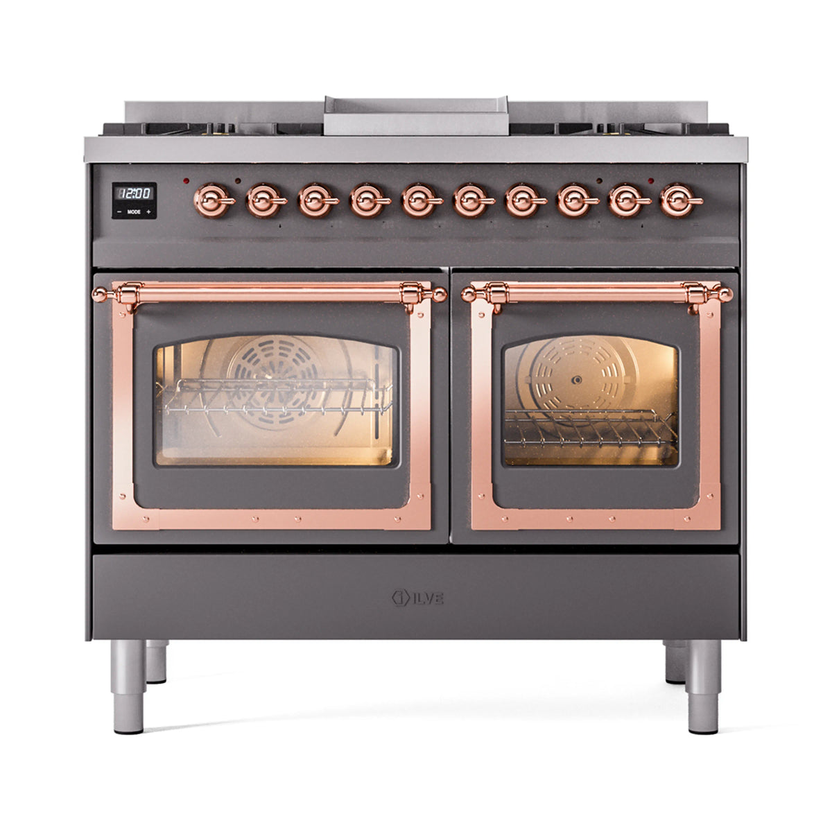 ILVE Nostalgie II Noblesse 40-Inch Natural Gas Dual Fuel Range, Triple Glass Door, Matte Graphite with Copper Trim (UND40FNMPMGP)