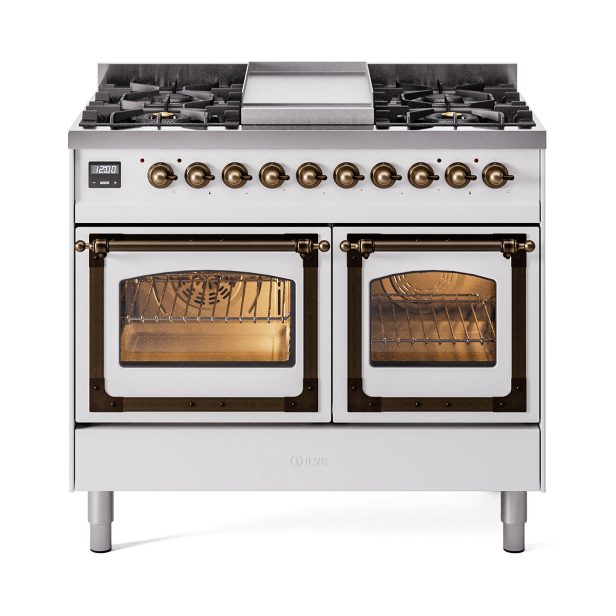 ILVE Nostalgie II Noblesse 40-Inch Propane Dual Fuel Range, Triple Glass Door, White with Burnished Bronze Trim (UND40FNMPWHBLP)