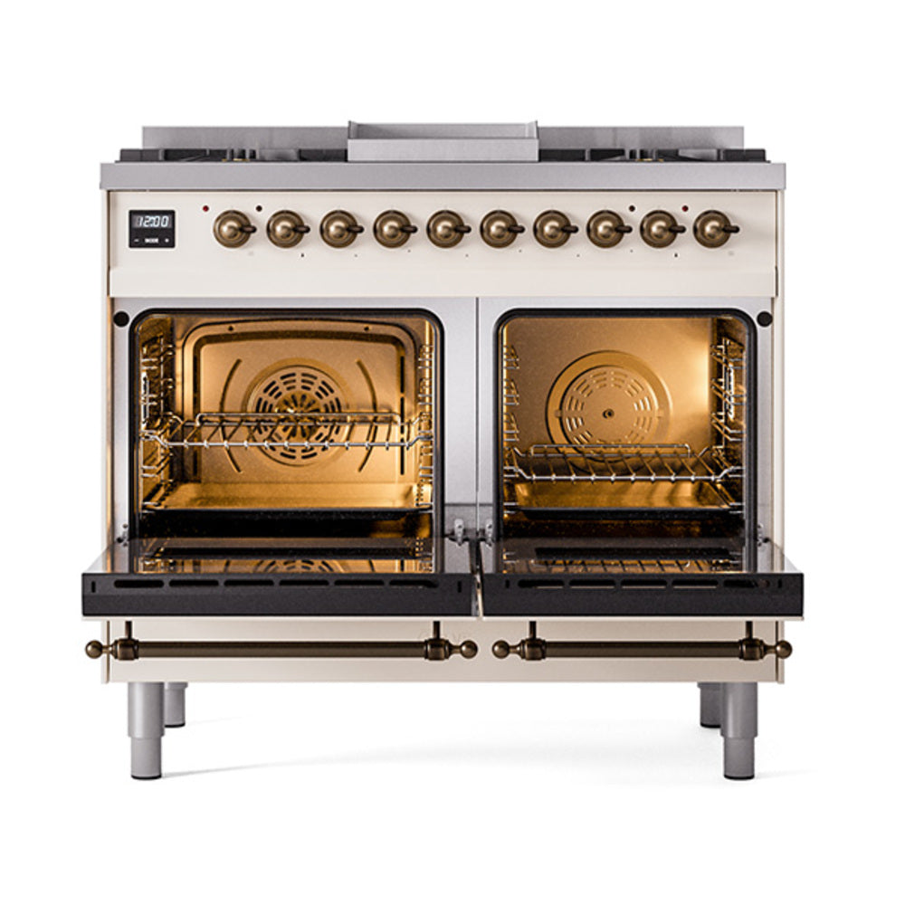 ILVE Nostalgie II 40-Inch Propane Dual Fuel Range, 6 Burners, Griddle, Solid Door, Antique White with Burnished Bronze Trim (UPD40FQNMPAWBLP)