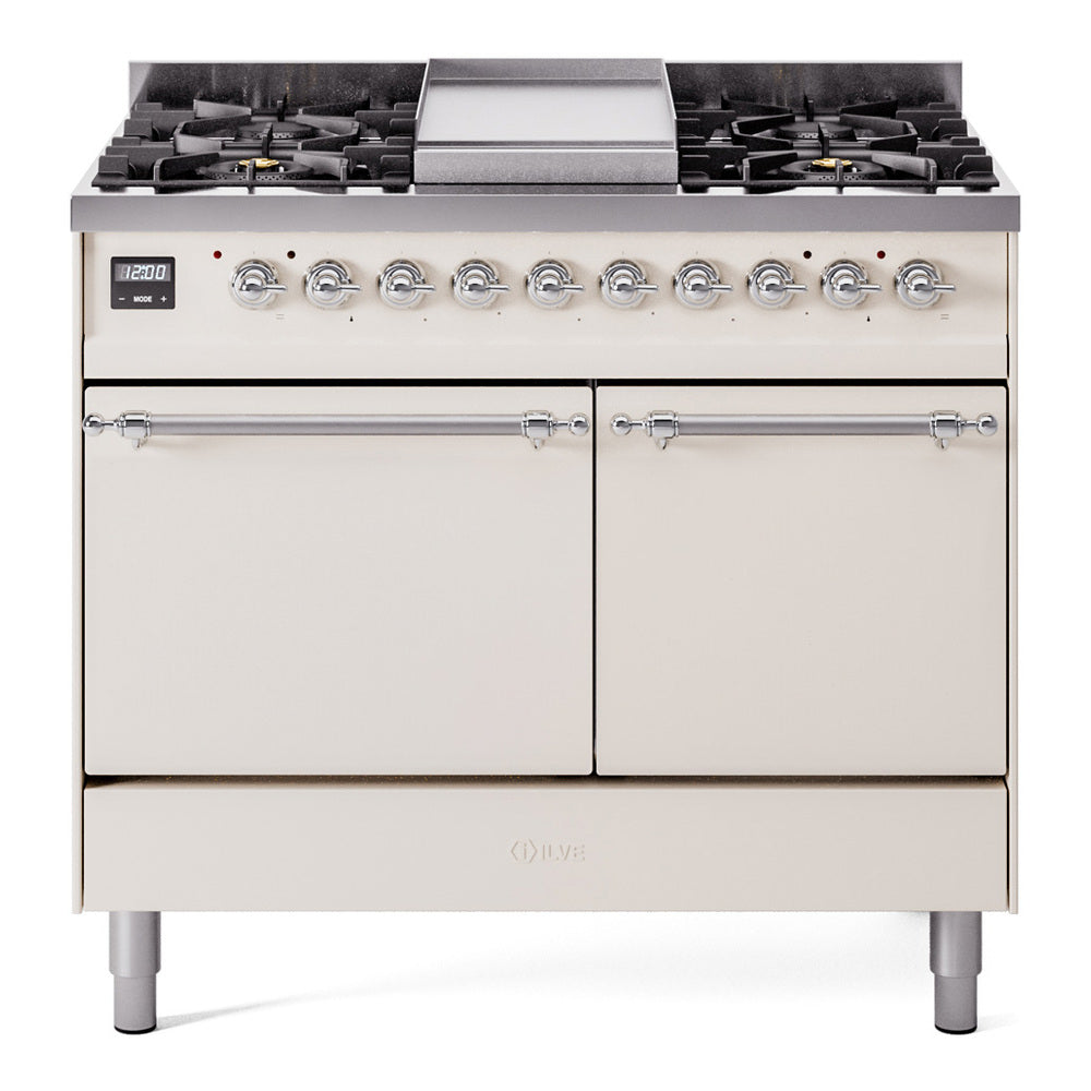 ILVE Nostalgie II 40-Inch Natural Gas Dual Fuel Range, 6 Burners, Griddle, Solid Door, Antique White with Chrome Trim (UPD40FQNMPAWC)