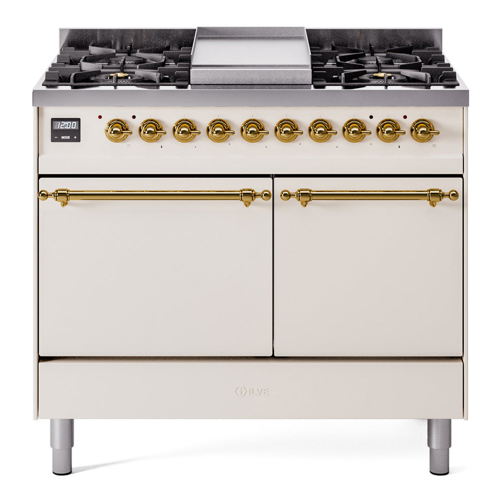 ILVE Nostalgie II 40-Inch Natural Gas Dual Fuel Range, 6 Burners, Griddle, Solid Door, Antique White with Brass Trim (UPD40FQNMPAWG)