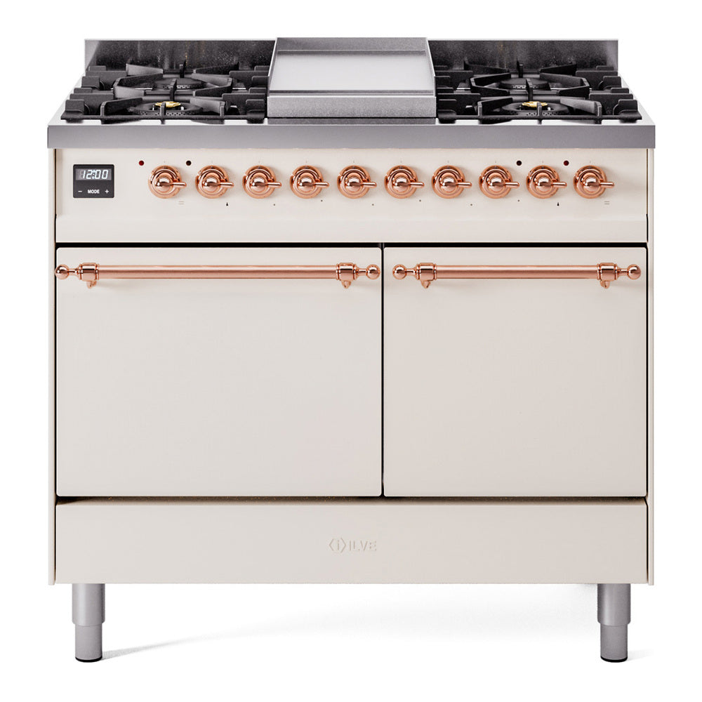 ILVE Nostalgie II 40-Inch Natural Gas Dual Fuel Range, 6 Burners, Griddle, Solid Door, Antique White with Copper Trim (UPD40FQNMPAWP)