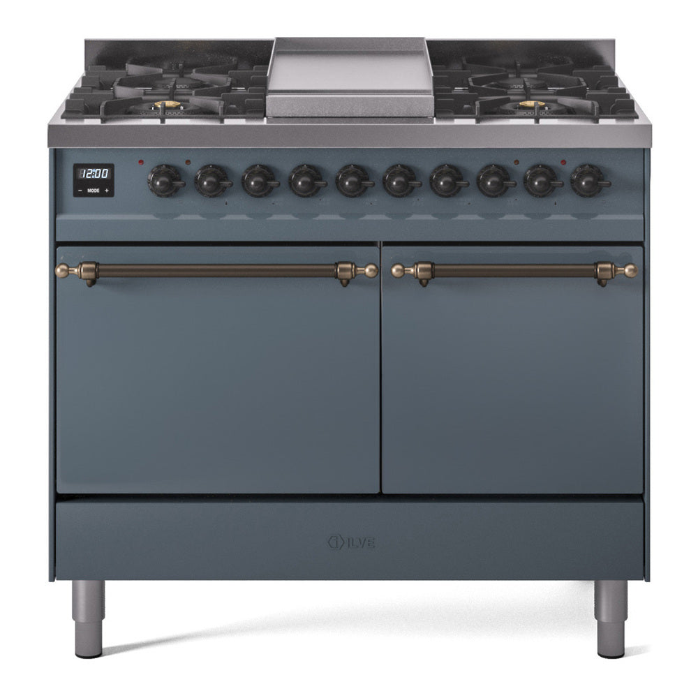 ILVE Nostalgie II 40-Inch Natural Gas Dual Fuel Range, 6 Burners, Griddle, Solid Door, Blue Grey with Burnished Bronze Trim (UPD40FQNMPBGB)
