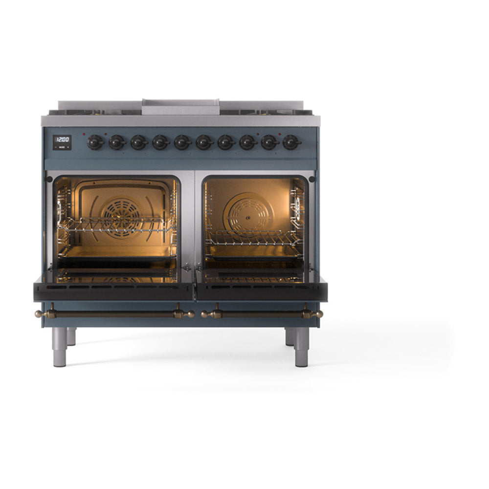 ILVE Nostalgie II 40-Inch Propane Dual Fuel Range, 6 Burners, Griddle, Solid Door, Blue Grey with Burnished Bronze Trim (UPD40FQNMPBGBLP)