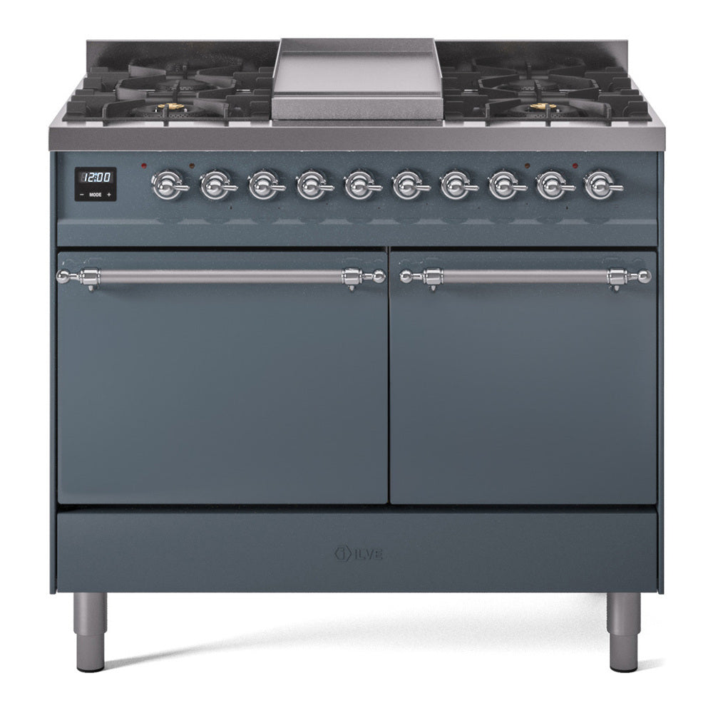 ILVE Nostalgie II 40-Inch Propane Dual Fuel Range, 6 Burners, Griddle, Solid Door, Blue Grey with Chrome Trim (UPD40FQNMPBGCLP)