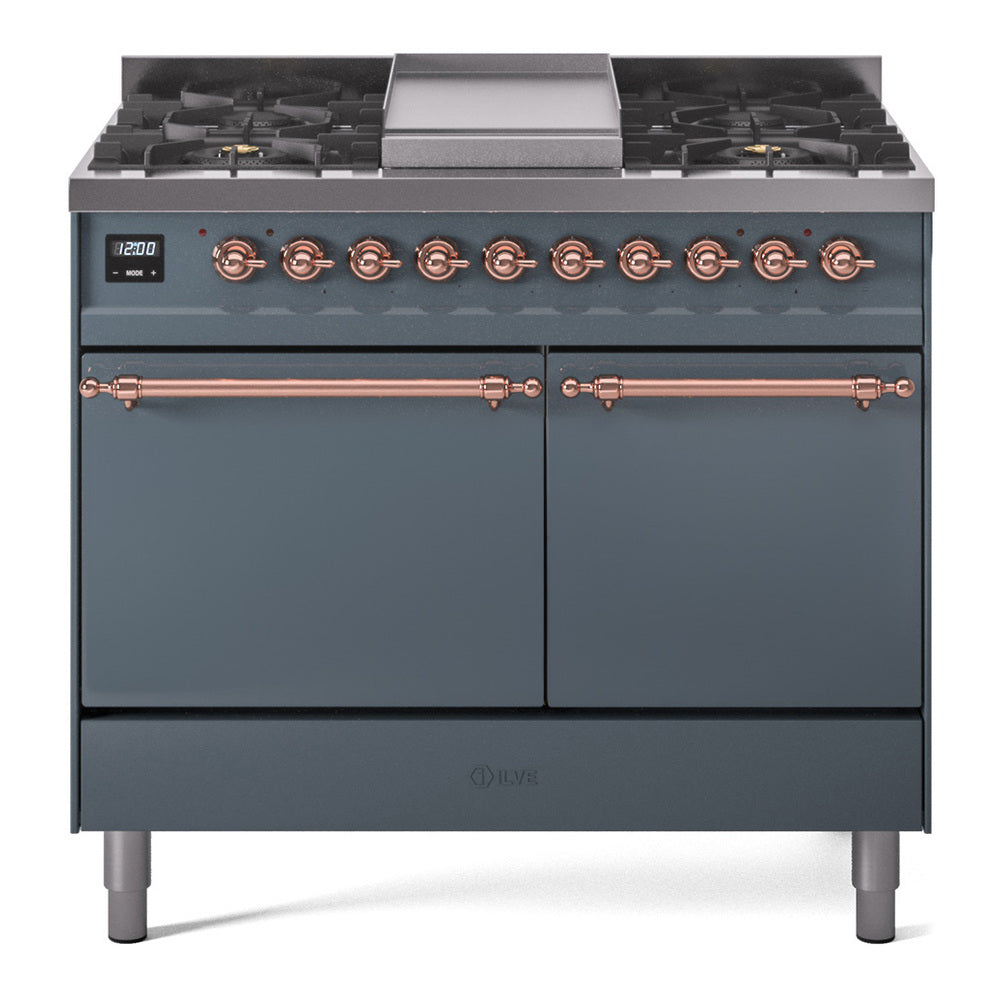 ILVE Nostalgie II 40-Inch Natural Gas Dual Fuel Range, 6 Burners, Griddle, Solid Door, Blue Grey with Copper Trim (UPD40FQNMPBGP)