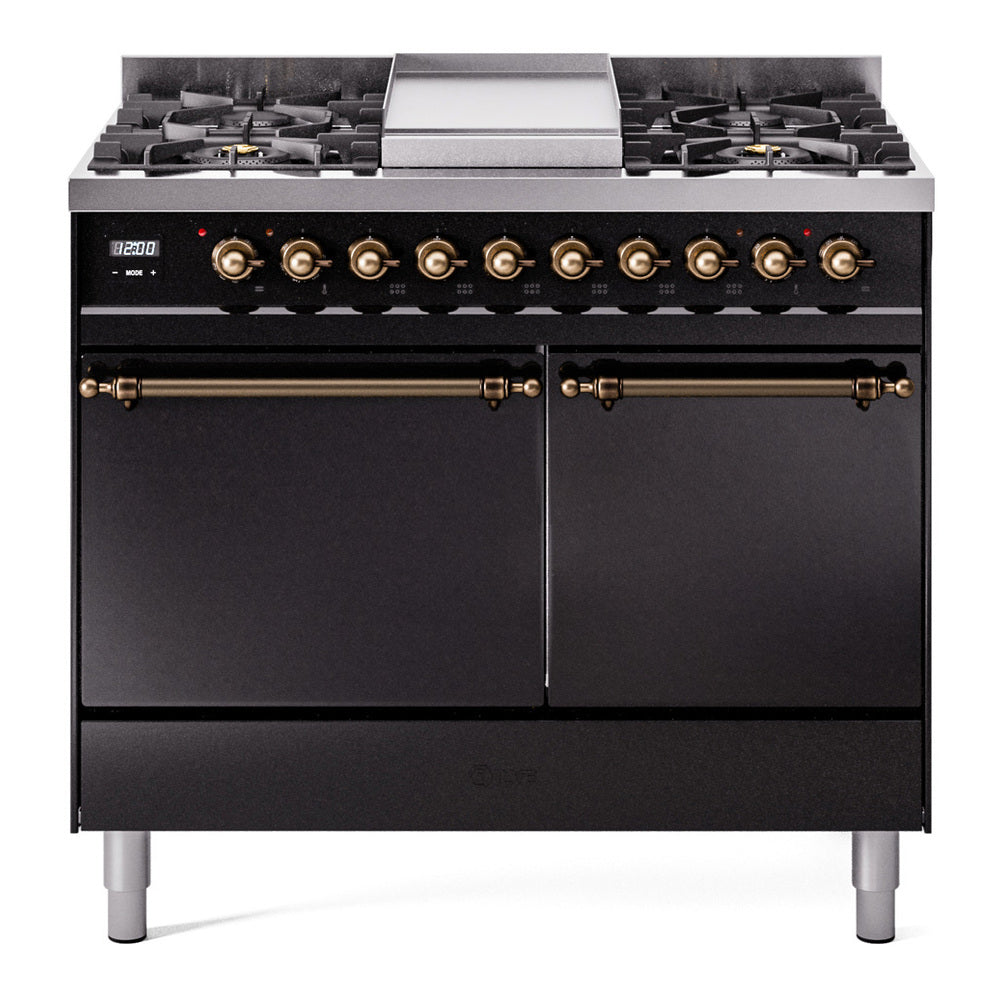 ILVE Nostalgie II 40-Inch Propane Dual Fuel Range, 6 Burners, Griddle, Solid Door, Glossy Black with Burnished Bronze Trim (UPD40FQNMPBKBLP)