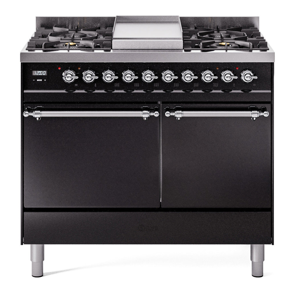 ILVE Nostalgie II 40-Inch Natural Gas Dual Fuel Range, 6 Burners, Griddle, Solid Door, Glossy Black with Chrome Trim (UPD40FQNMPBKC)