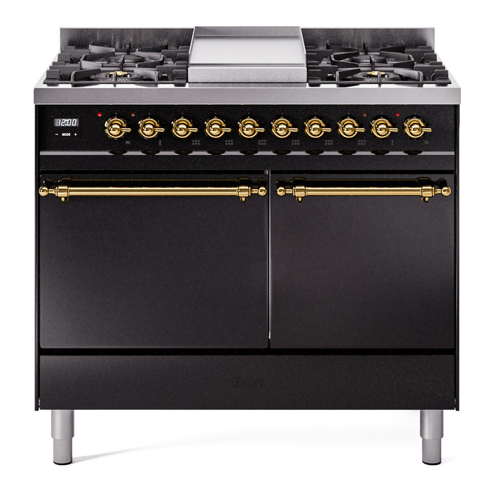 ILVE Nostalgie II 40-Inch Natural Gas Dual Fuel Range, 6 Burners, Griddle, Solid Door, Glossy Black with Brass Trim (UPD40FQNMPBKG)