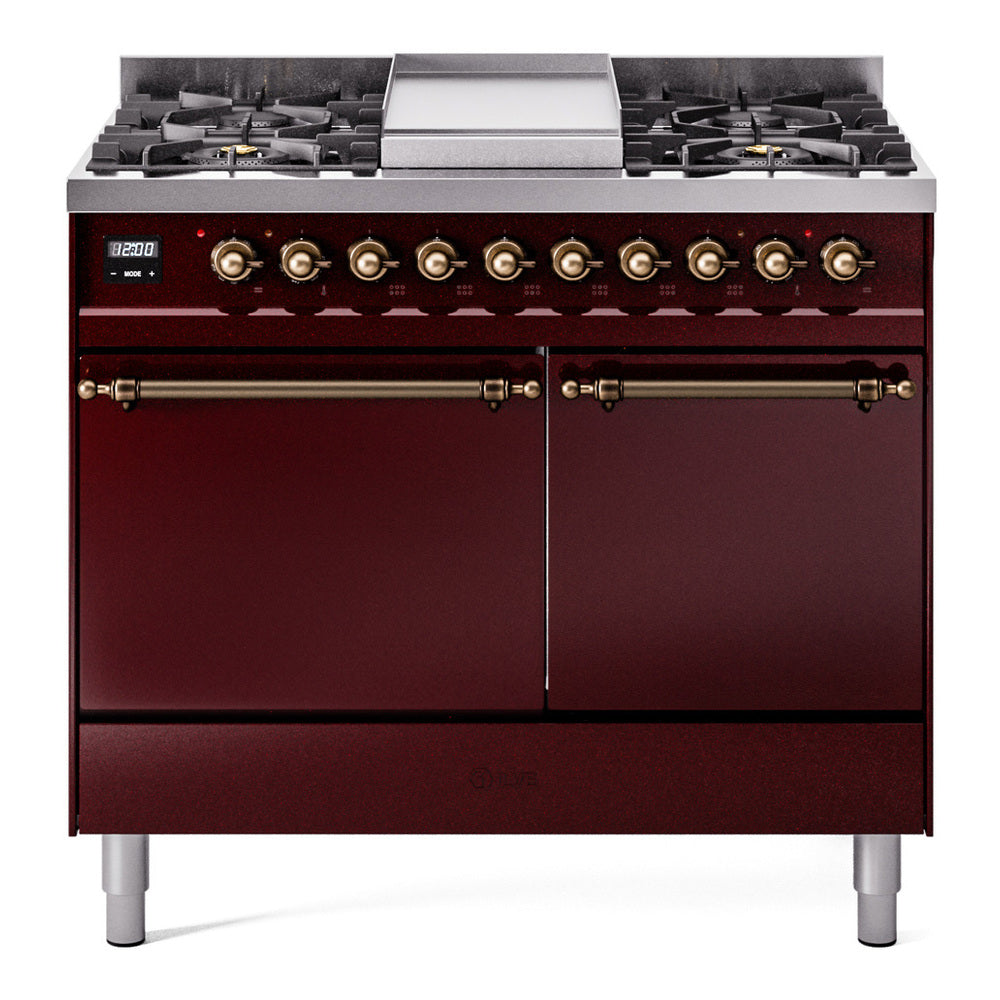 ILVE Nostalgie II 40-Inch Propane Dual Fuel Range, 6 Burners, Griddle, Solid Door, Burgundy with Burnished Bronze Trim (UPD40FQNMPBUBLP)