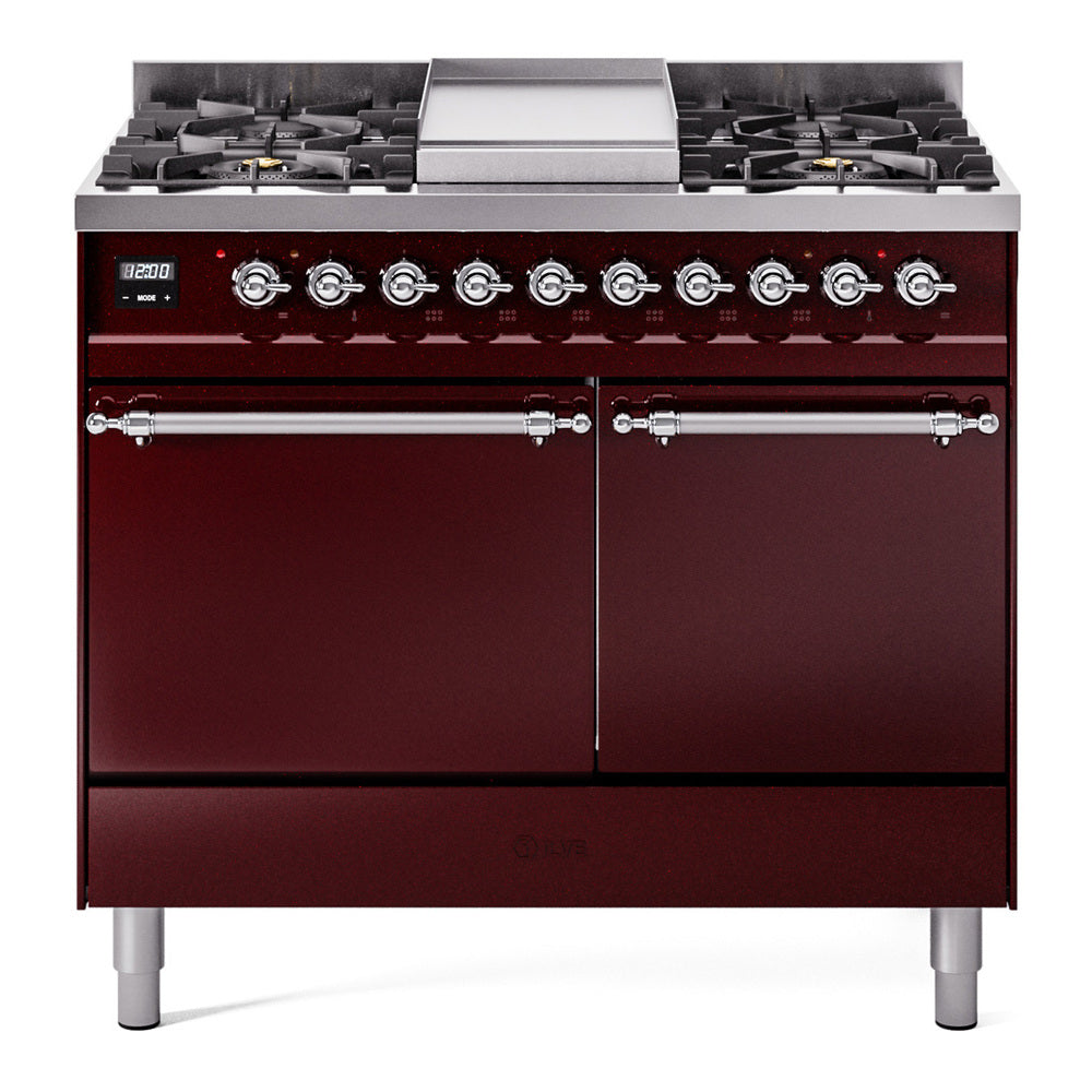 ILVE Nostalgie II 40-Inch Propane Dual Fuel Range, 6 Burners, Griddle, Solid Door, Burgundy with Chrome Trim (UPD40FQNMPBUCLP)