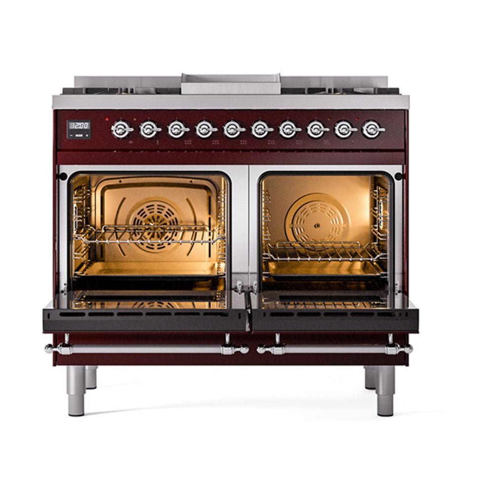 ILVE Nostalgie II 40-Inch Propane Dual Fuel Range, 6 Burners, Griddle, Solid Door, Burgundy with Chrome Trim (UPD40FQNMPBUCLP)
