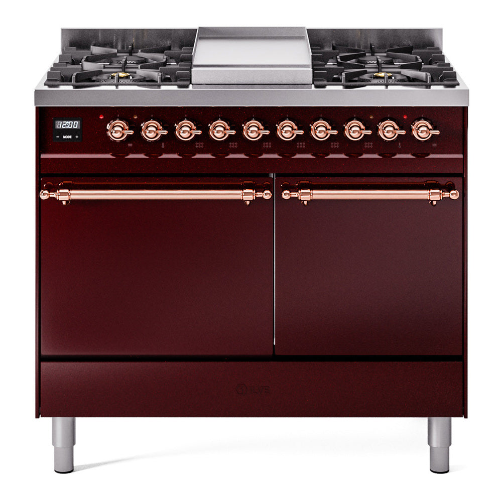 ILVE Nostalgie II 40-Inch Propane Dual Fuel Range, 6 Burners, Griddle, Solid Door, Burgundy with Copper Trim (UPD40FQNMPBUPLP)