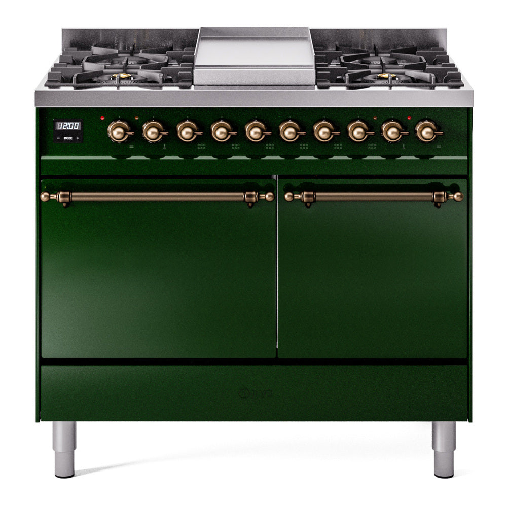 ILVE Nostalgie II 40-Inch Natural Gas Dual Fuel Range, 6 Burners, Griddle, Solid Door, Emerald Green with Burnished Bronze Trim (UPD40FQNMPEGB)